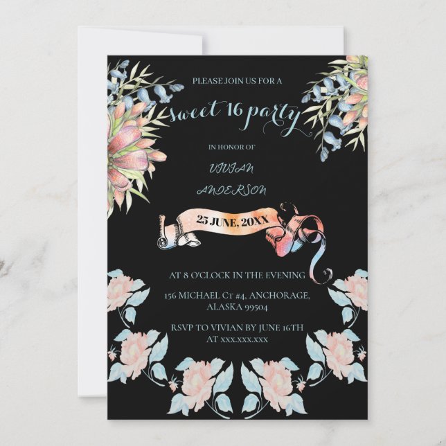 Light Pink and milky way banner floral sweet 16 BD Invitation (Front)