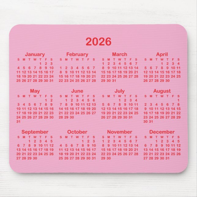Light Pink and Red 2026 Calendar Mouse Pad (Front)