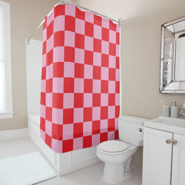Light Pink and Red Chequered Shower Curtain (In Situ)