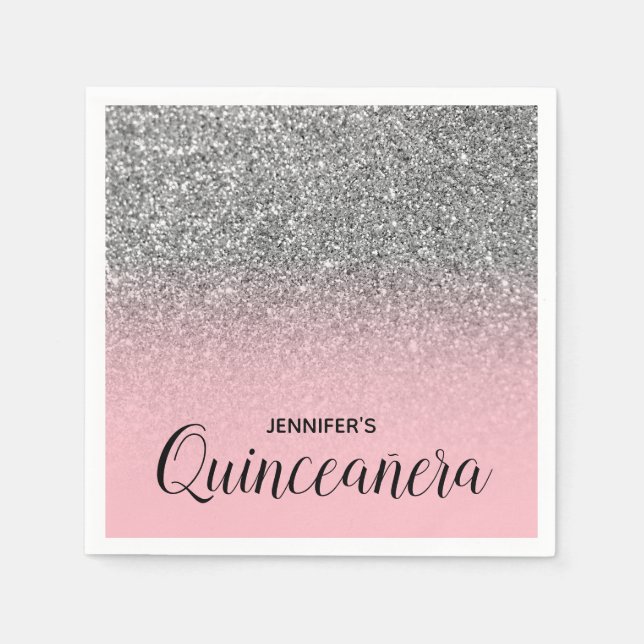 Light Pink and Silver Glitter Ombre Quinceanera Napkin (Front)