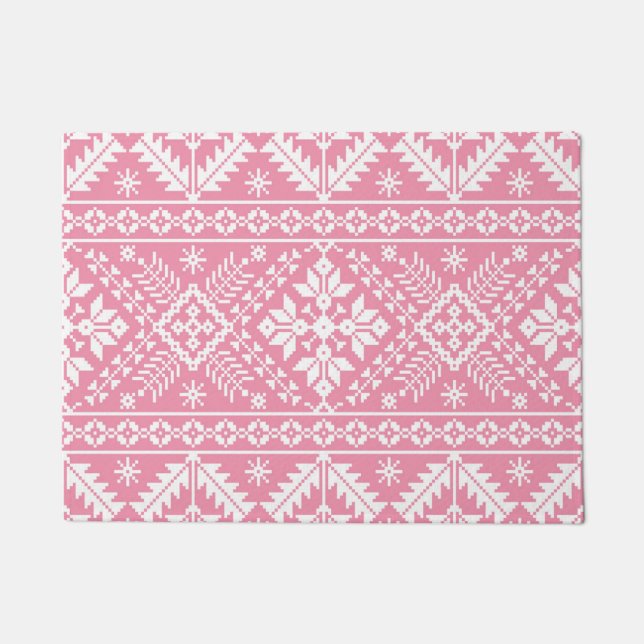 Light Pink and White Fair Isle Christmas Pattern Doormat (Front)