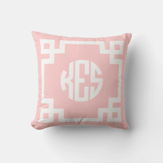 Light Pink and White Greek Key Circle Monogram Cushion
