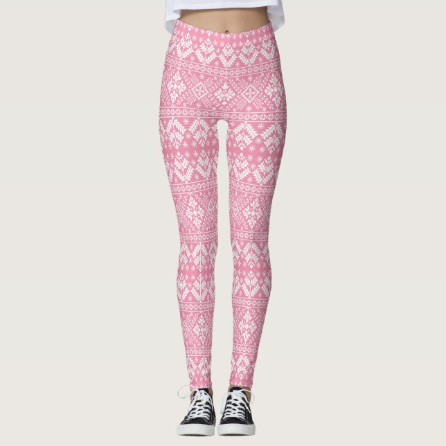 Light Pink and White Winter Fair Isle Christmas Leggings (Front)
