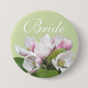 Light pink apple flower bride wedding button. 7.5 cm round badge