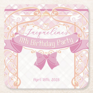 Light Pink Art Nouveau Magical Girl Birthday Square Paper Coaster