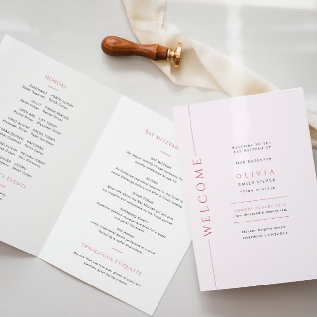 Light Pink Bat Mitzvah Folded Program Booklet Programme (Creator Uploaded)
