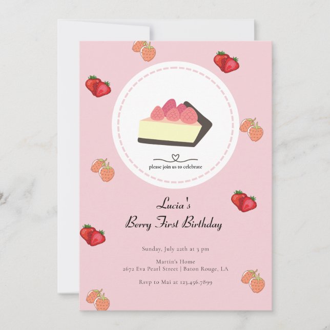 Light Pink Berry First Girl First Birthday Invitation (Front)