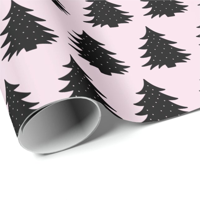 Light Pink | Black Christmas Tree Wrapping Paper (Roll Corner)
