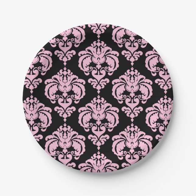 Light Pink & Black Damask Chic Elegant Party Paper Plate (Front)