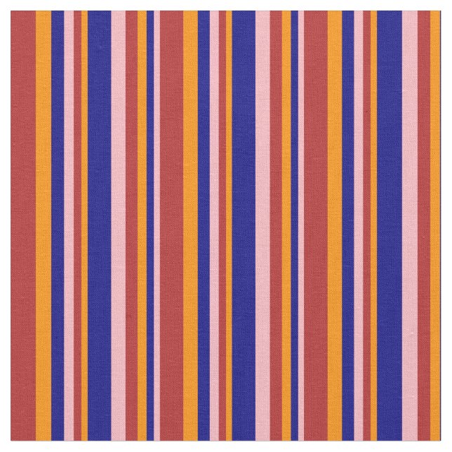 Light Pink, Blue, Dark Orange & Red Lined Pattern Fabric (Close Up)