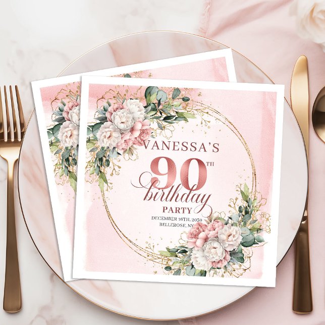 Light Pink Bohemian Floral 90th Birthday Party  Napkin (Light Pink Bohemian Floral 90th Birthday Party Napkins)