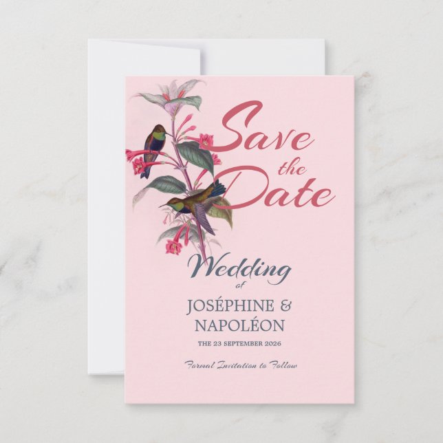 Light pink boho art deco floral & birds save the date (Front)