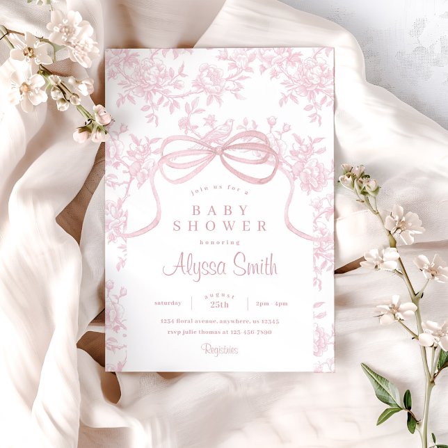 Light Pink Bow and Toile Baby Shower Invitation (Creator Uploaded)