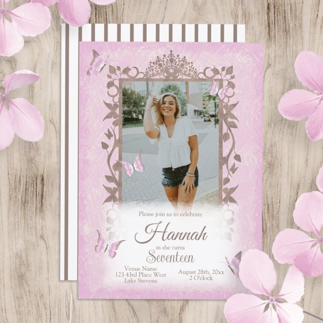 Light Pink Brown Butterflies Birthday Party Invitation (light pink, brown butterfly birthday party invitation for girl, teen, young woman with brown stripes)