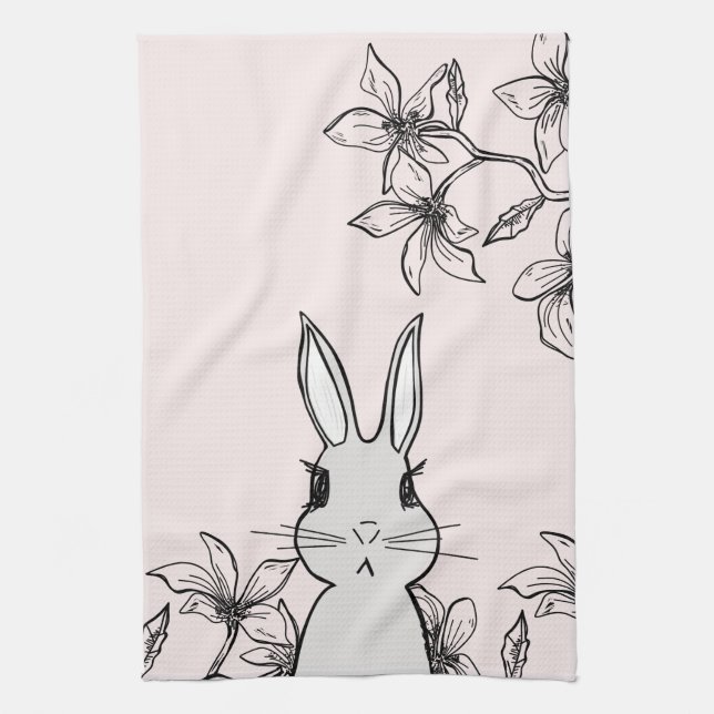 Light Pink Bunny Floral Easter  Tea Towel (Vertical)