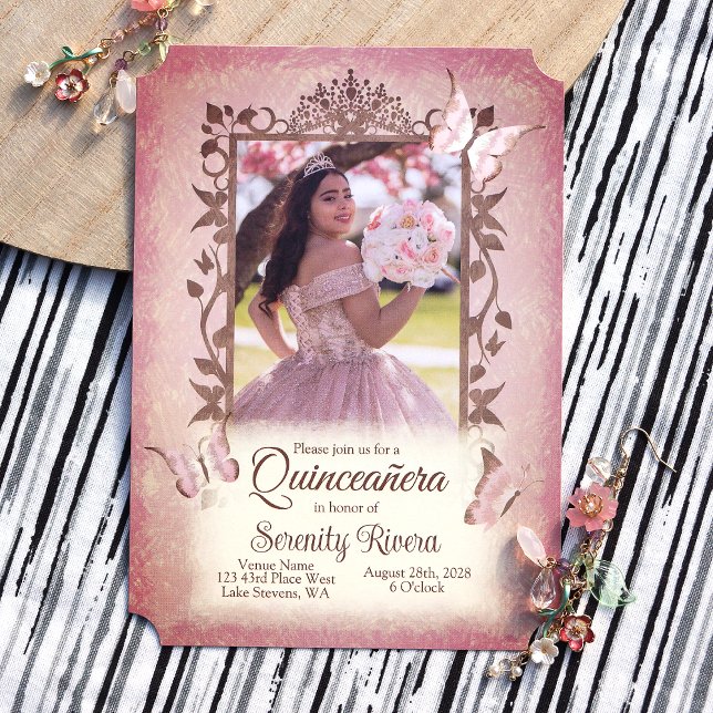Light Pink Butterflies, Ornate Brown Quinceanera Invitation (blush pink quinceanera photo invitations with decorative butterfly border and butteflies)