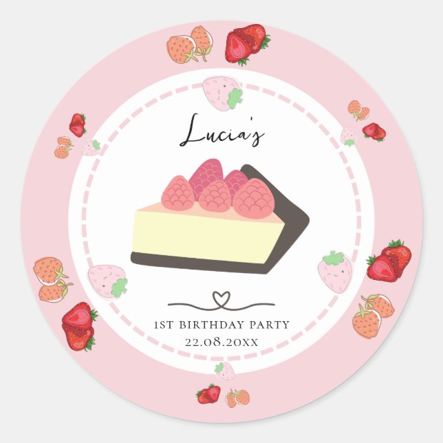 Light Pink Cake & Berry Girl First Birthday Party Classic Round Sticker (Front)