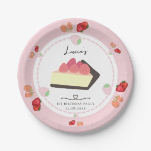 Light Pink Cake & Berry Girl First Birthday Party Paper Plate