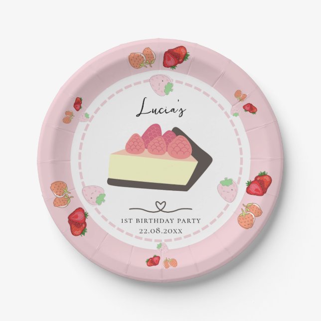 Light Pink Cake & Berry Girl First Birthday Party Paper Plate (Front)