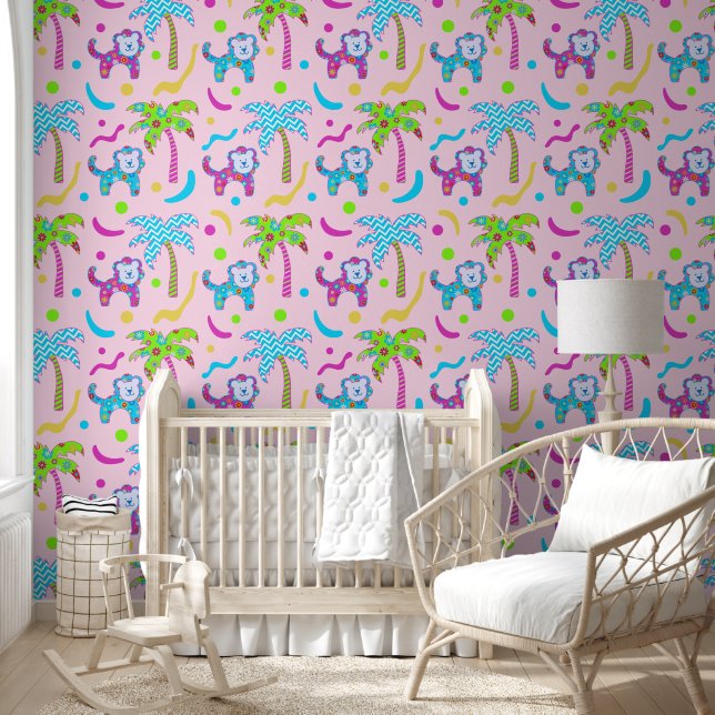 Light Pink Colourful Lions In The Jungle Wallpaper (Kids)