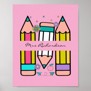 Light Pink Colourful Teacher Cartoon Pencil Poster