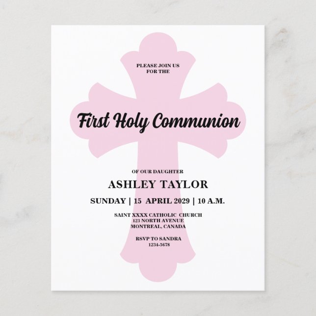 Light Pink Cross First Holy Communion Invitation (Front)