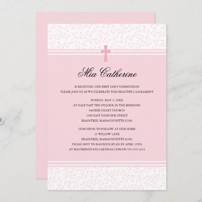 Light Pink Cross First Holy Communion Invitation (Front/Back)