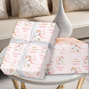 Light Pink Cute Unicorn Girl 1st Birthday Name Wrapping Paper