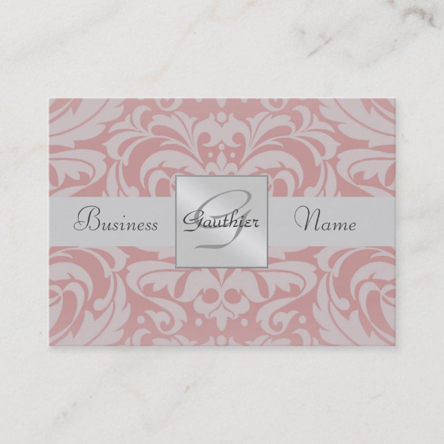Light Pink Damask Silver Ribbon Business Card (Front)