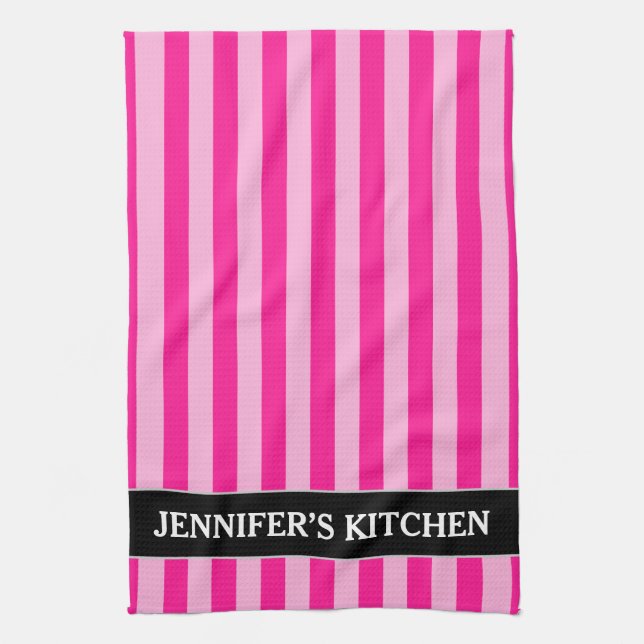 Light Pink & Deep Pink Stripes + Custom Name Tea Towel (Vertical)