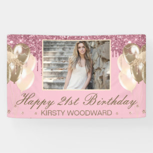 Light Pink Dripping Glitter with Balloons Birthday Banner