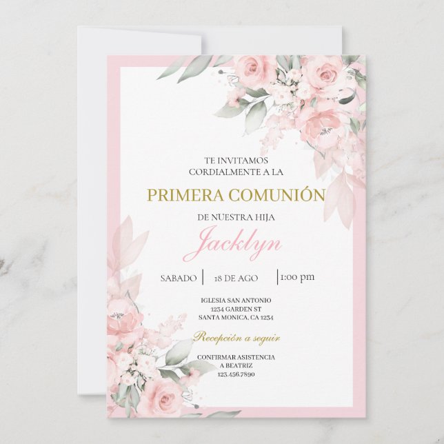Light pink floral first communion   invitation (Front)