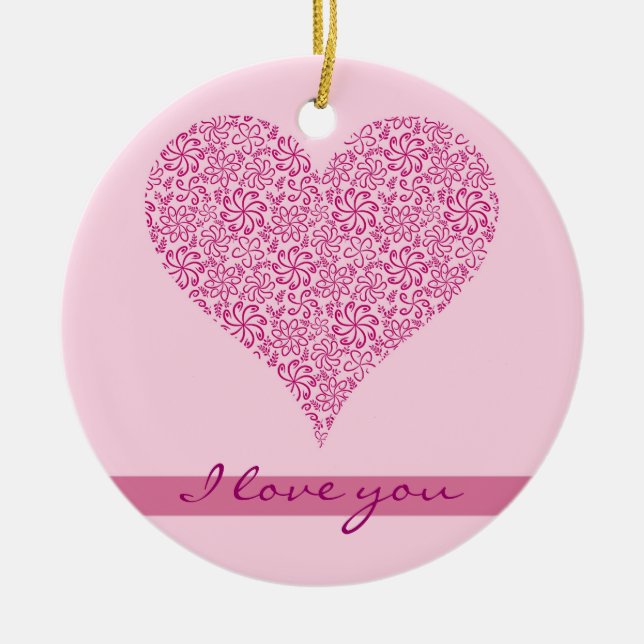 Light Pink floral heart with a name Ceramic Tree Decoration (Front)
