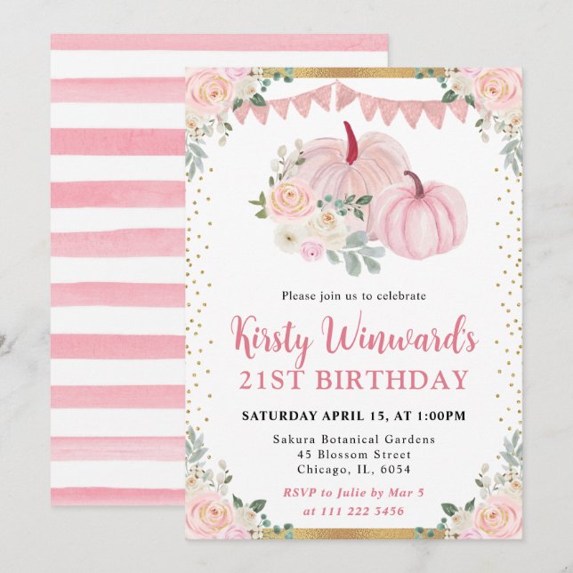 Light Pink Floral Pumpkin Fall 21st Birthday Invitation (Front/Back)