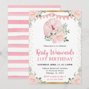 Light Pink Floral Pumpkin Fall 21st Birthday Invitation