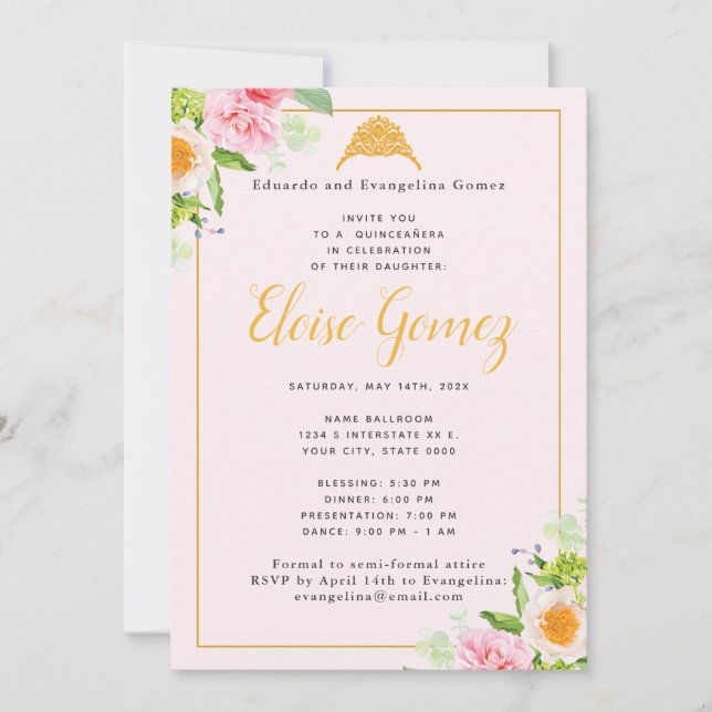 Light Pink Floral Spring Quinceanera Invitation (Front)