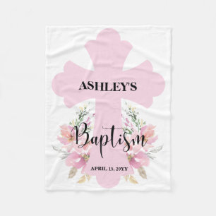 Light Pink Floral with Cross Baptism  Fleece Blanket