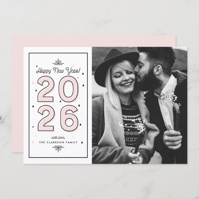 Light Pink Geometric Typography 2025 New Year Holiday Card (Front/Back)
