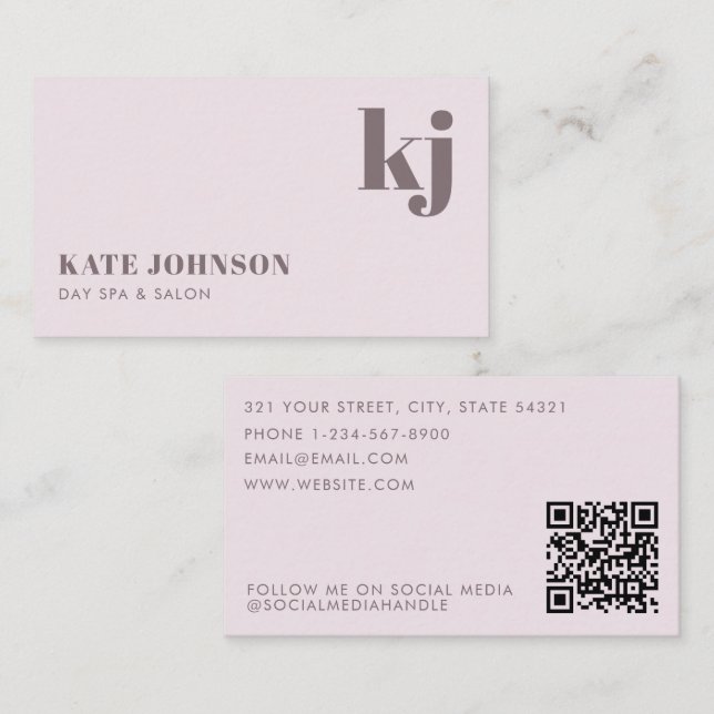 Light Pink Girly Day Spa Salon Initials QR Code Business Card (Front/Back)