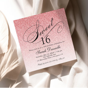 Light Pink Glam Glitter Sweet 16 Square Invitation
