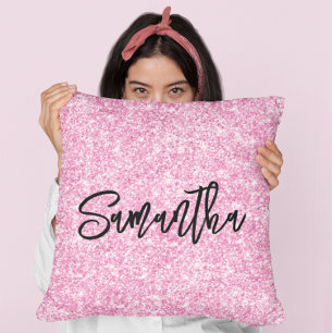 Light Pink Glitter Black Brush Script Cushion