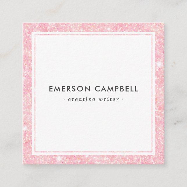 Light pink glitter border minimal professional square business card (Front)