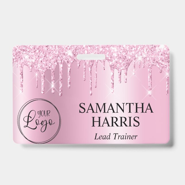 Light Pink Glitter Drips Shimmer ID Badge (Front)