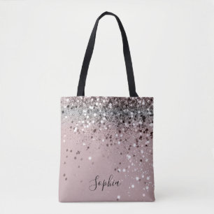 Light Pink Glitter Girly Monogram Name Tote Bag