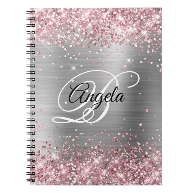 Light Pink Glitter Metallic Silver Fancy Monogram Notebook (Front)
