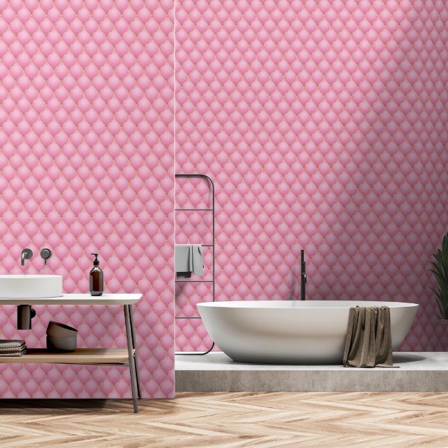 Light Pink Gold Diamond Tufted Ogee Wallpaper (Bathroom)