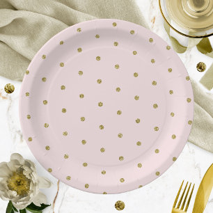 Light Pink Gold Glitter Polka Dot Pattern Paper Plate