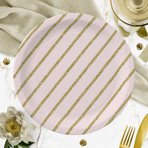 Light Pink Gold Glitter Stripe Pattern Paper Plate