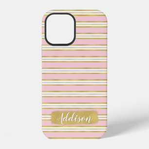 Light Pink Gold Stripe Pattern Custom Name iPhone 12 Case