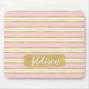 Light Pink Gold Stripe Pattern Custom Name Mouse Pad